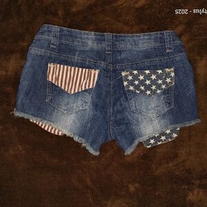 Hot Kiss Blue Denim Shorts with Red & Blue Flag Pocket Details